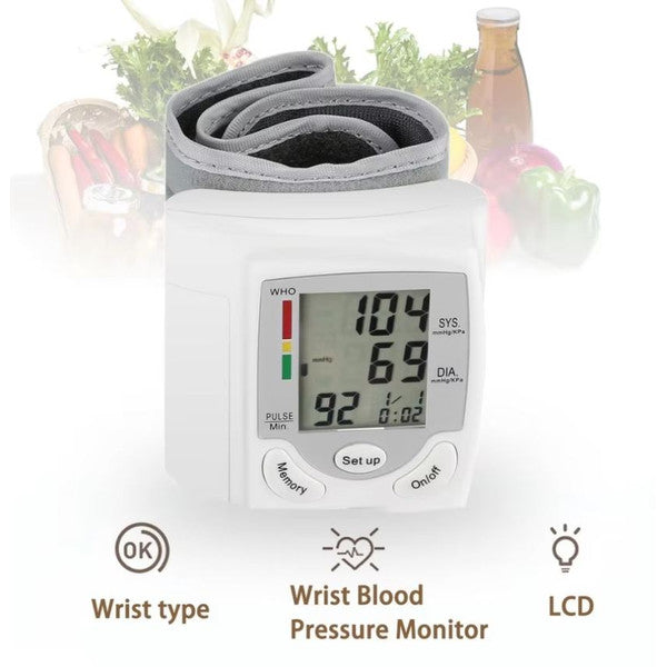 Wrist Electronic Blood Pressure Monitor Compact Digital BP Meter with LCD Display and Memory