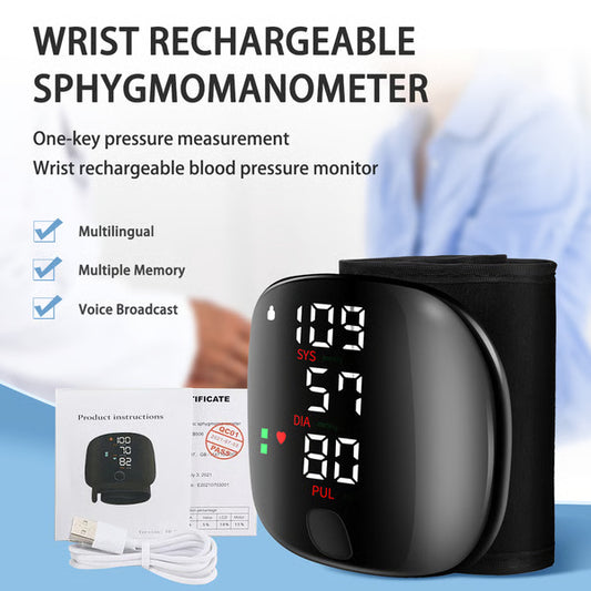 Digital Wrist Blood Pressure Meter, Automatic Voice Tonometer Heart Rate Monitor, Smart Touch LCD Screen