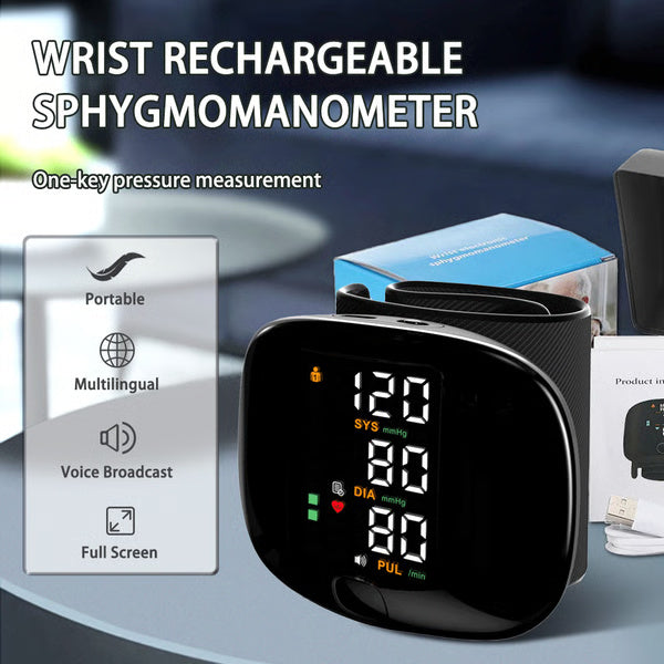 Digital Wrist Blood Pressure Meter, Automatic Voice Tonometer Heart Rate Monitor, Smart Touch LCD Screen