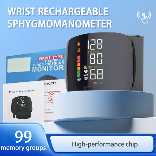 Digital Wrist Blood Pressure Meter, Automatic Voice Tonometer Heart Rate Monitor, Smart Touch LCD Screen
