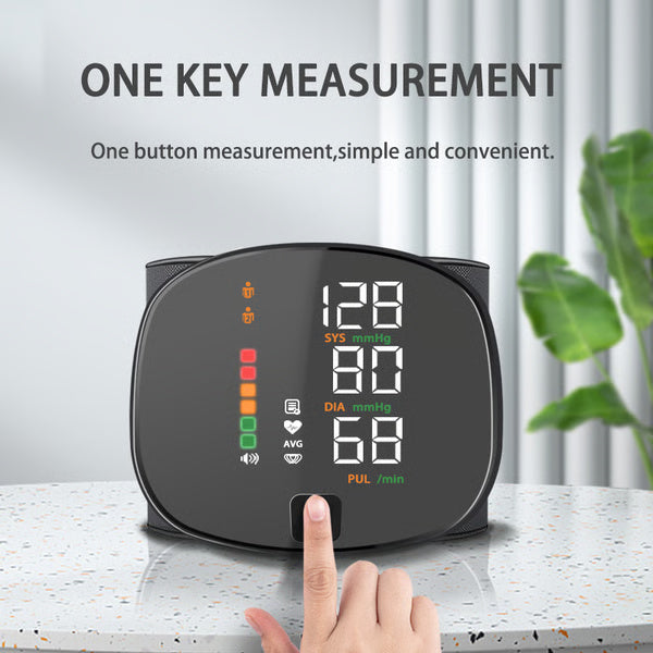 Digital Wrist Blood Pressure Meter, Automatic Voice Tonometer Heart Rate Monitor, Smart Touch LCD Screen