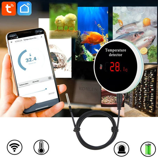 Tuya WiFi Temperature Sensor Waterproof Probe, Smart Life Thermometer for Home, Pool, Freezer Remote Monitoring, Alarm